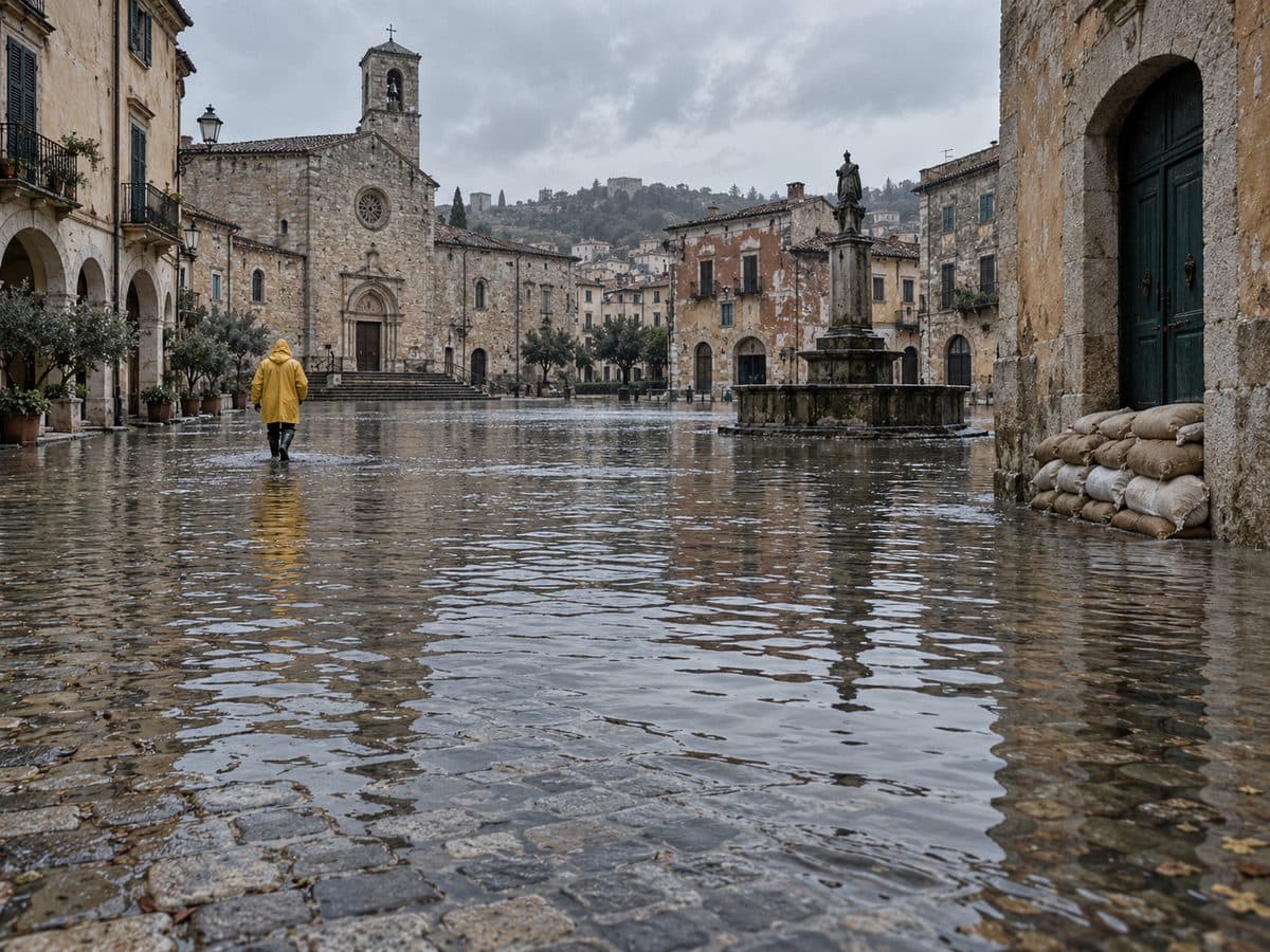 AI-generated sample: a flooded town square after a storm