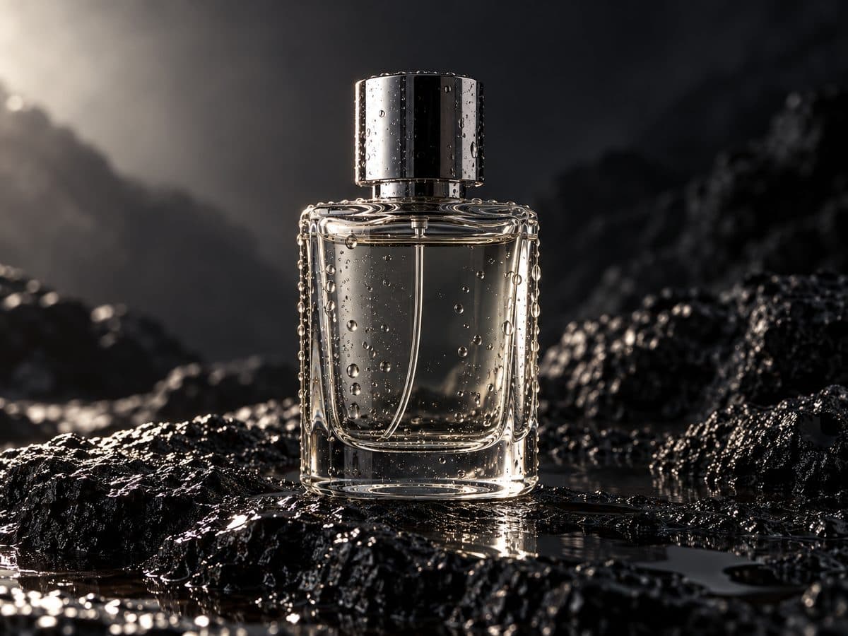 AI-generated sample: a perfume bottle on dark volcanic sand